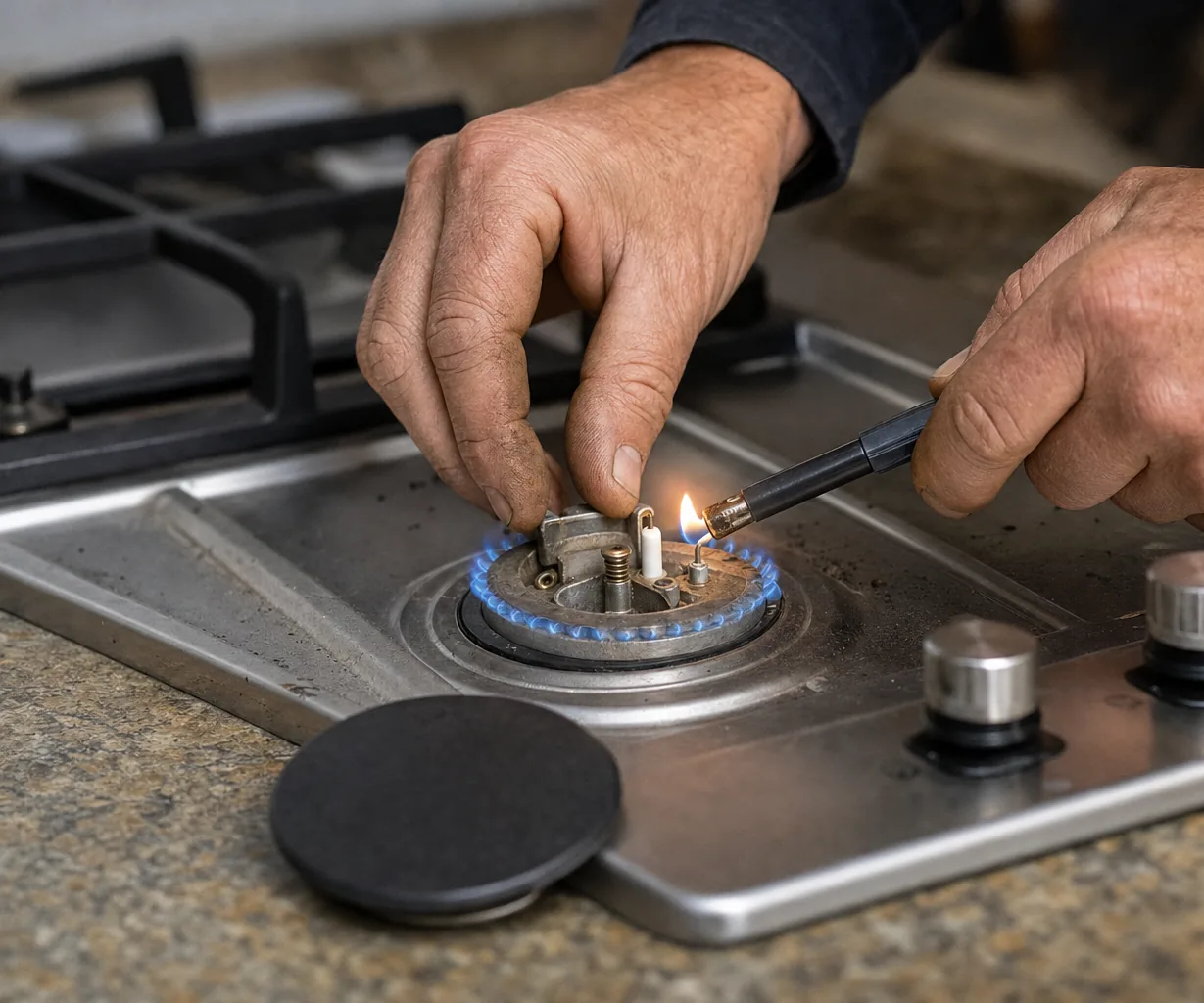 Technician adjusting a gas cooktop burner