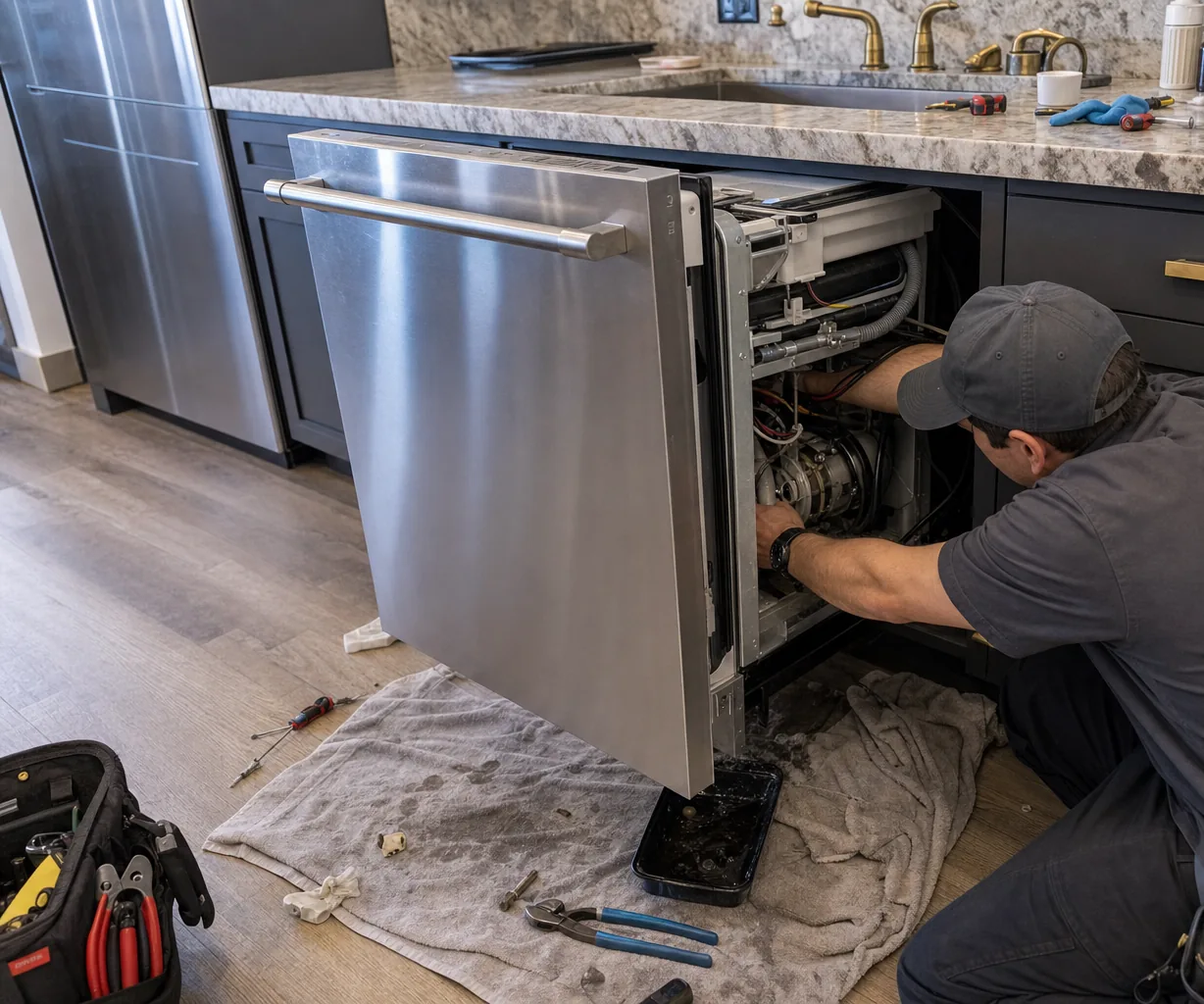 Technician servicing a built-in dishwasher on a same-day visit
