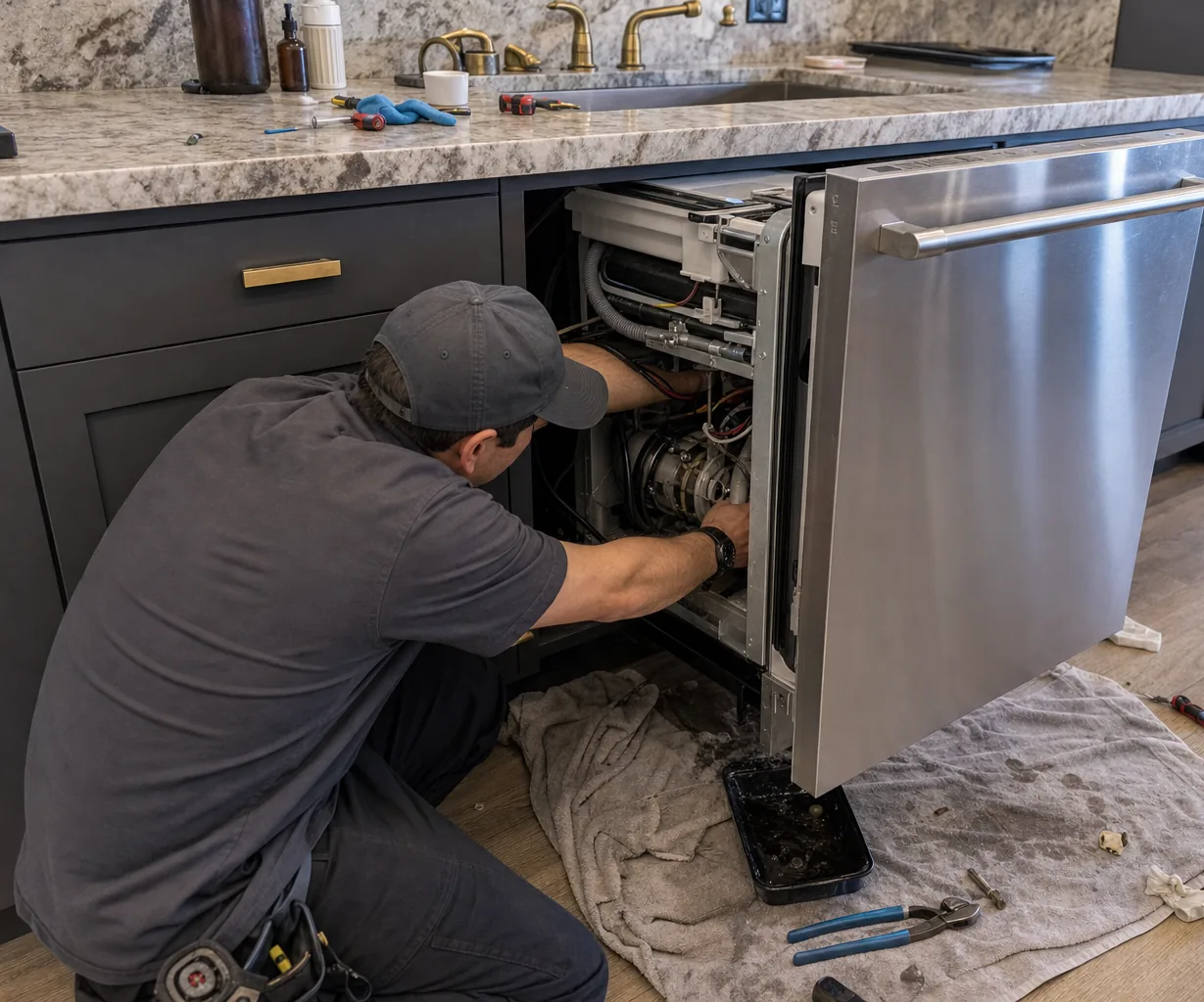 Technician servicing a built-in dishwasher up close