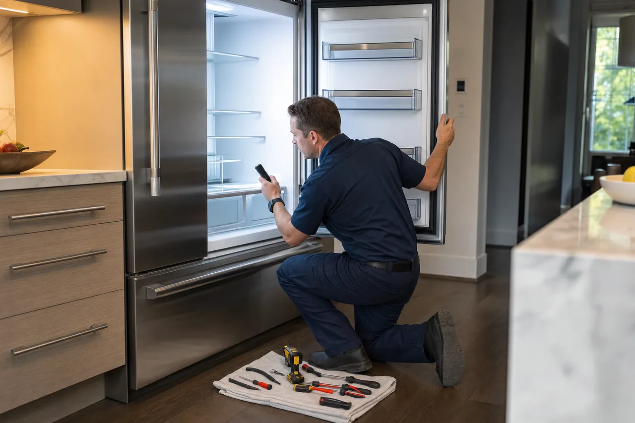 Technician repairing a built-in refrigerator mid-repair