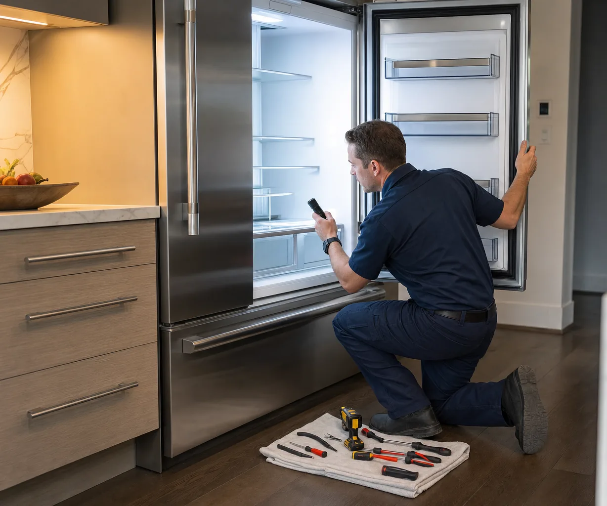 Technician repairing a built-in refrigerator in a Roslyn kitchen