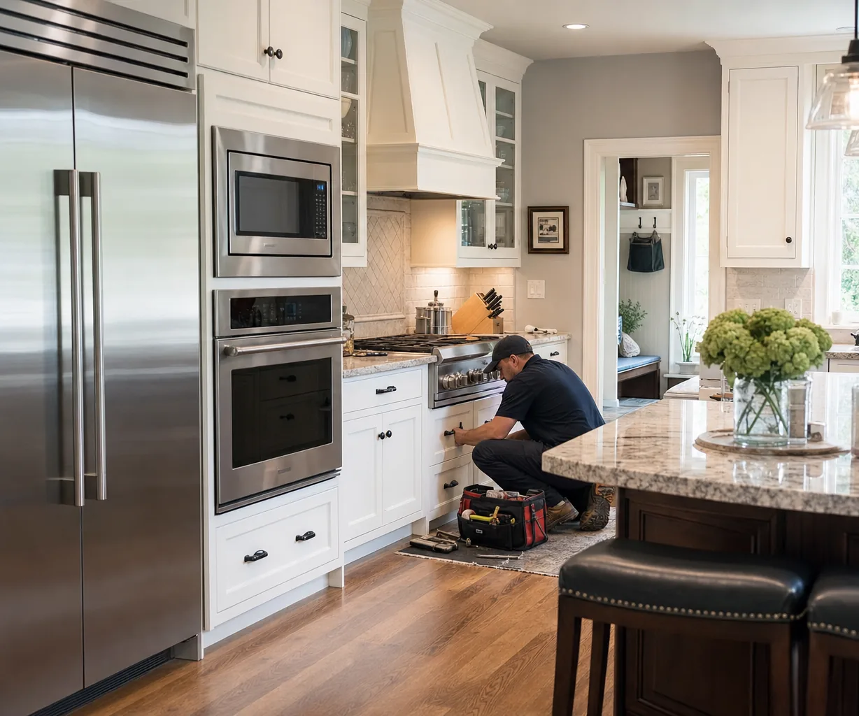 A luxury kitchen with built-in stainless appliances up close