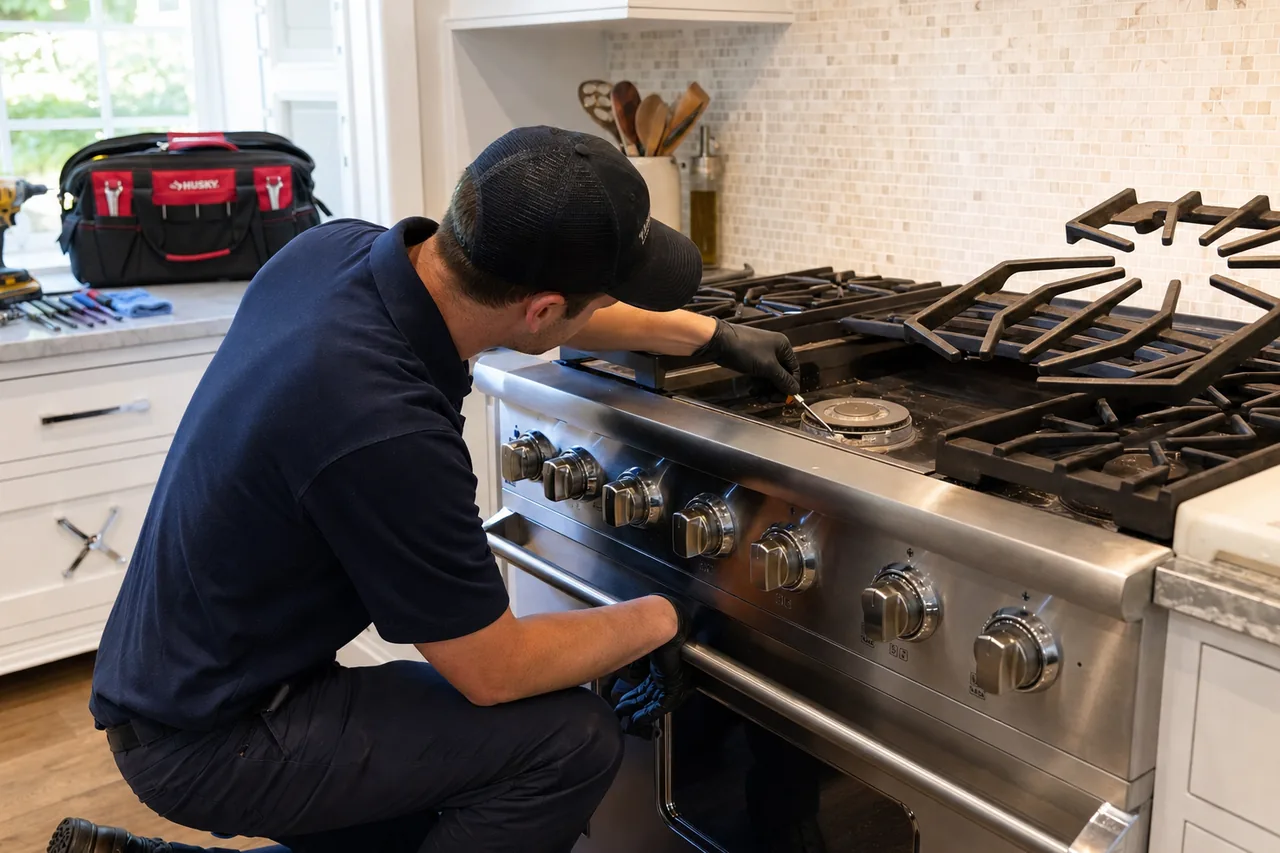 Technician servicing a stainless Viking range on a same-day visit